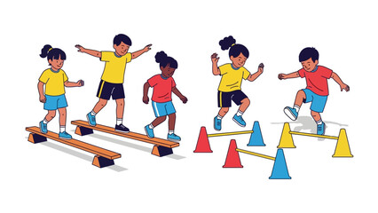 Children's obstacle course: a illustration of children engaging in an obstacle course, showcasing their energy and coordination. it's perfect to represent children's sports.
