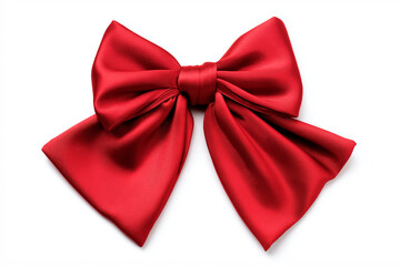 Elegant shiny red satin fabric gift bow for Christmas or Valentine's Day isolated on white.