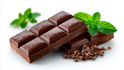 Dark chocolate bar pieces with fresh mint leaves and cocoa nibs isolated on white.
