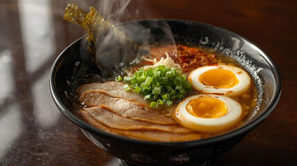 Japanese Ramen Bowl with Soft-Boiled Egg, Pork, and Noodles in Hot Broth