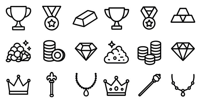 Awards and achievements outline icons set – trophy, medals, recognition graphics