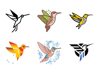 Diverse hummingbird logos featuring technology circuits and organic shapes on white background