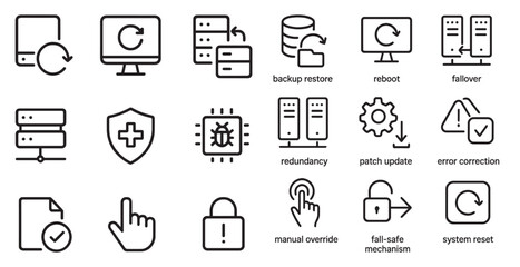 Fototapeta premium Backup and security outline icons set – reboot, failover, data protection symbols