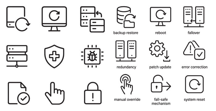 Backup and security outline icons set &ndash; reboot, failover, data protection symbols