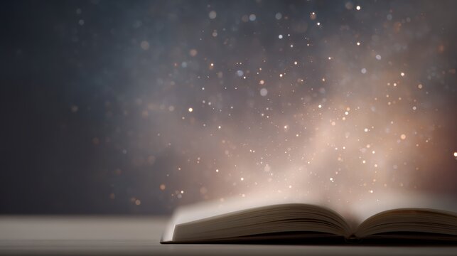 Fototapeta An open book on a desk, with a magical, glowing universe emerging from its pages.