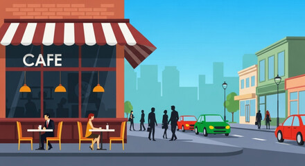 A vibrant cafe scene with people enjoying coffee, set against a bustling city backdrop with cars and buildings under a clear blue sky illustration