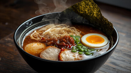 Japanese Ramen Bowl with Soft-Boiled Egg, Pork, and Noodles in Hot Broth