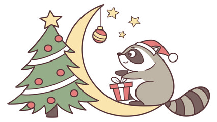 An adorable Raccoon with a Curious vibe, sitting on a moon, and a Festive Cheer Christmas theme – SVG style