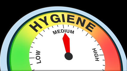 Hygiene medium, text, word level concept illustration with barometer or tachometer meter on black background. Suitable for balanced cleanliness, moderate sanitation, and steady health visuals