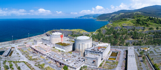 Obraz premium Ruins of the abandoned Lemoniz Nuclear Power Plant. Aerial view from a drone. Lemoniz. Vizcaya. Basque Country. Spain. Europe