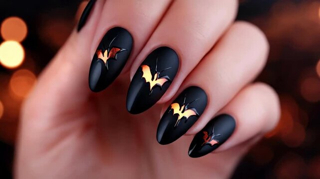 Halloween nail art design with black matte finish and orange bat details. Halloween, All Hallows Eve, Samhain - Spooky Holiday Season, Fall Festival Celebration