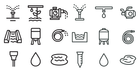 Water and irrigation line icons set – fluid, agriculture, and sprinkler symbols