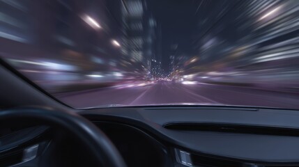 The interior of a self-driving autonomous car navigating through a busy city at night.