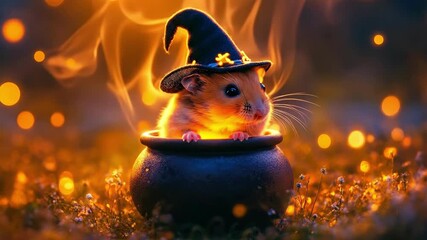 Adorable hamster witch in hat sitting in magical cauldron with glowing bokeh lights. Halloween, All Hallows Eve, Samhain - Spooky Holiday Season, Fall Festival Celebration