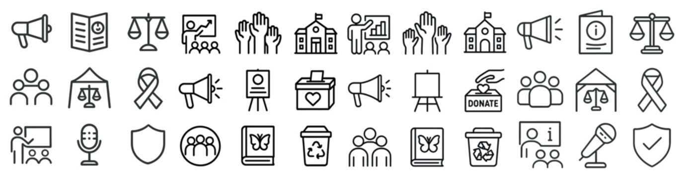 Nonprofit linear icons set &ndash; solid, charity, fundraising symbols for awareness