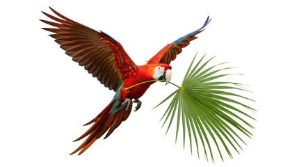Isolated red macaw parrot flying with palm tree branch in beak, close up image of tropical bird