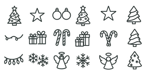 Fototapeta premium Christmas and holiday icons set – outline, linear, festive decorations and symbols.