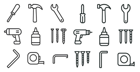 Construction tools outline icons set – linear, hardware, diy design elements