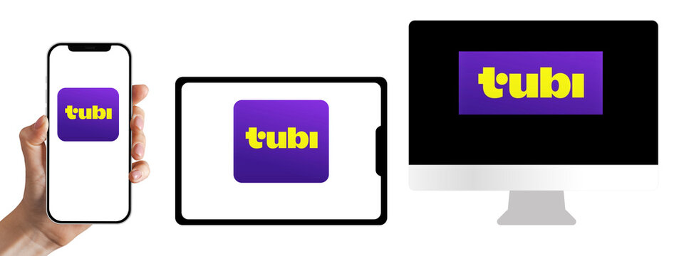 Tubi logo  on a transparent background. Icon of the television and series platform on various technological devices.  Ideal for editorial advertisements.Wide shot
