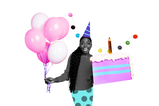 Sketch image composite trend 3D of collage of happy birthday greeting card young lady headcone hand hold cupcake candle celebration wish - Powered by Adobe