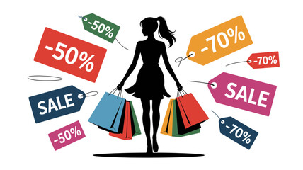 Stylish woman silhouette enjoying incredible sale deals while carrying shopping bags, savings and discounts galore, a shopper's delight, originally a vector