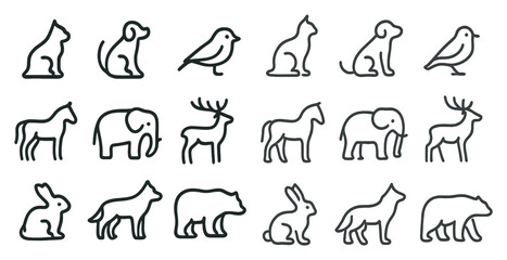 Obraz premium Animal outline icons set – silhouette, line, wildlife and pet symbols.