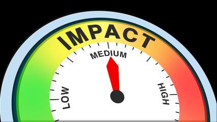 Impact medium, text, word level concept illustration with barometer or tachometer meter on black background. Suitable for moderate influence, balanced effect, and average result visuals