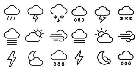 Weather and climate outline icons set &ndash; line, linear, forecast symbols