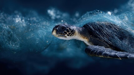Fototapeta premium A close-up of a turtle entangled in plastic waste in the ocean.