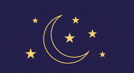 Golden crescent moon and stars on a dark blue background create a serene and magical night sky scene, perfect for bedtime stories and dreamy illustrations