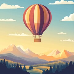 A hot air balloon floats above a mountainous landscape at sunrise or sunset.  A peaceful, idyllic scene.