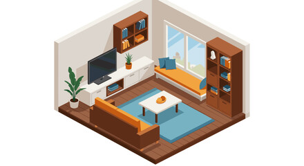 Fototapeta premium Cozy isometric living room with modern furniture and decor elements