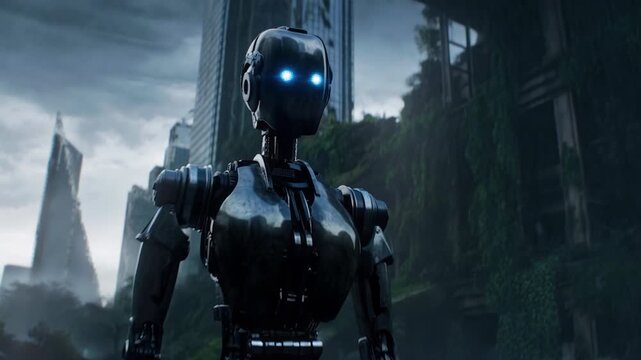 A lone robot walks through the ruins of a once-bustling metropolis overtaken by nature. Vines wrap around broken skyscrapers as rain falls softly. 