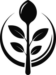 A spoon transforming into a growing plant &mdash; symbolizing sustainable eating. silhouette  vector black , white background 