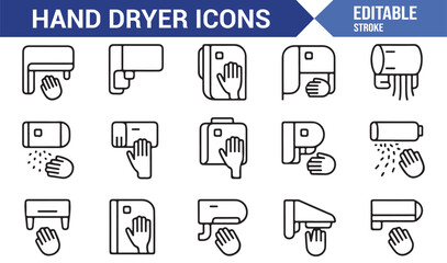 Editable vector set of automatic hand dryer icons in line art style for hygiene and sanitation design