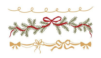 Christmas bow, ribbon, fir branches isolated elements. Cute hand drawn bows vignette for decoration winter holiday poster, banner, card, invitation in cartoon style. Vector illustration.