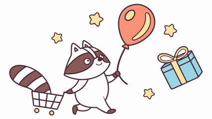 Cute SVG of a Dreamy Raccoon in Shopping Spree colors, featuring with a balloon in a Black Friday / Cyber Monday setting