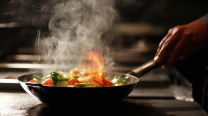 A dynamic action shot of a chef tossing vegetables in a flaming wok.