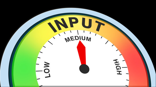 Input medium, text, word level concept illustration with barometer or tachometer meter on black background. Suitable for moderate data, balanced contribution, and steady information flow visuals