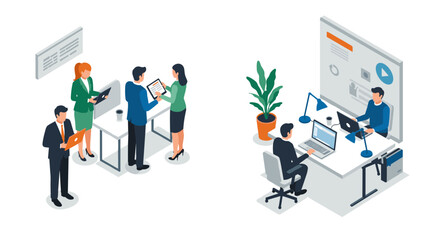 Fototapeta premium Modern office workflow with business team collaboration and remote work setup