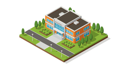 Isometric school building with surrounding trees and pathway on white background
