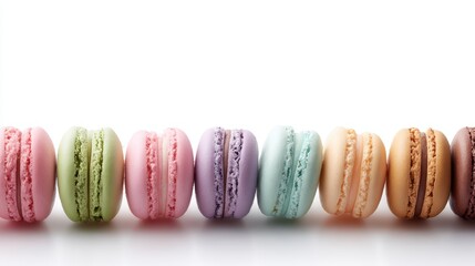 A collection of colorful, delicate French macarons in a neat row.