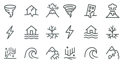 Fototapeta na wymiar Natural disaster outline icons set – emergency, hazard, weather symbols