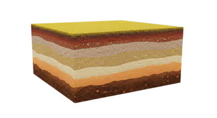 Isolated section of soil with various layers of earth, ground and topsoil for science projects