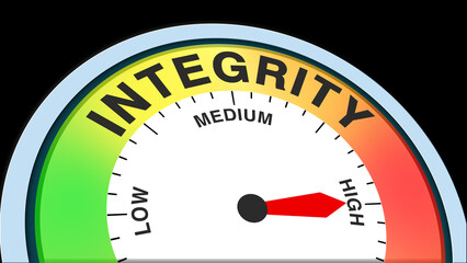 Integrity high, text, word level concept illustration with barometer or tachometer meter on black background. Ideal for strong honesty, high ethics, and excellent moral standards visuals