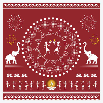 Traditional Warli art 2d flat vector illustration on Diwali Celebration
