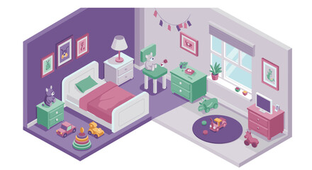 Fototapeta premium Cozy isometric children's bedroom with toys and decorative elements in pastel colors