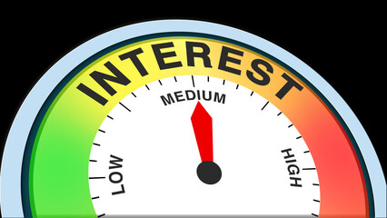 Interest medium, text, word level concept illustration with barometer or tachometer meter on black background. Suitable for moderate engagement, balanced curiosity, and steady attention visuals