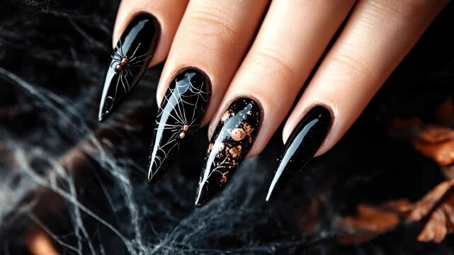 Halloween-inspired black nail art with spider and web. Halloween, All Hallows Eve, Samhain - Spooky Holiday Season, Fall Festival Celebration