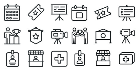 Business and event outline icons set – linear, line, meeting and presentation symbols